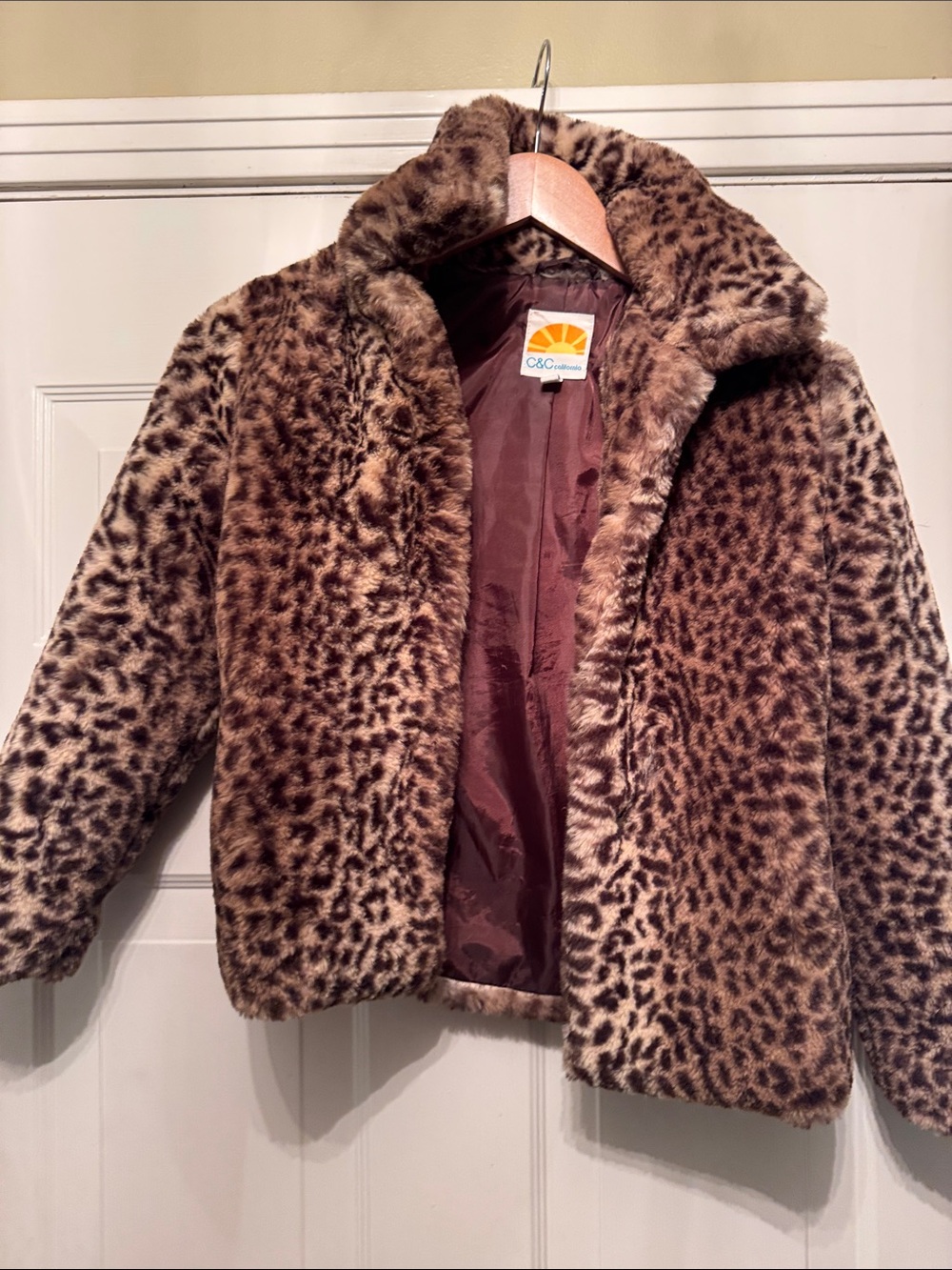 C&C California Girls' Leopard Print Faux Fur Peacoat - brown